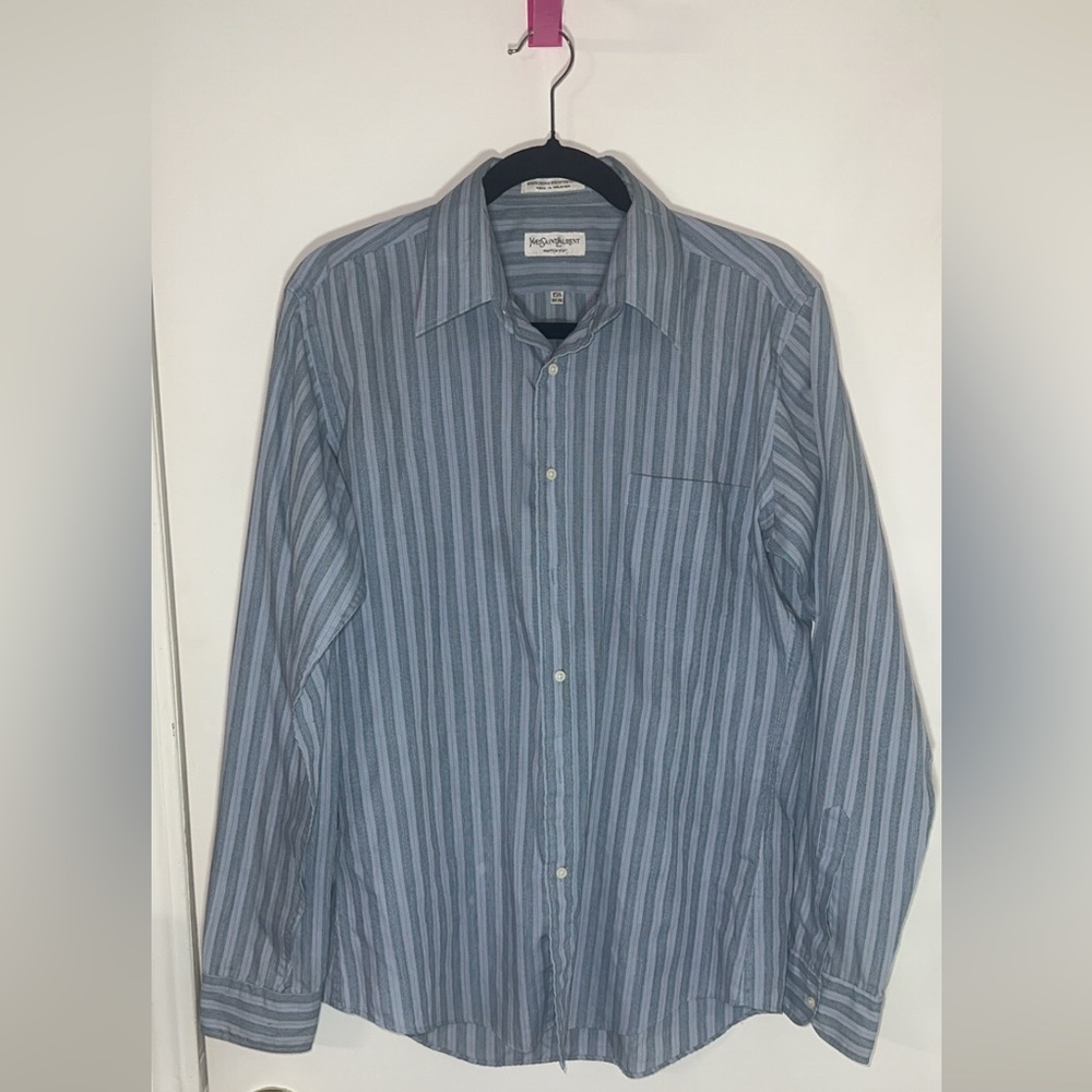 Yves Saint Laurent Cotton Blue-grey Dress Shirt with Vertical Stripes